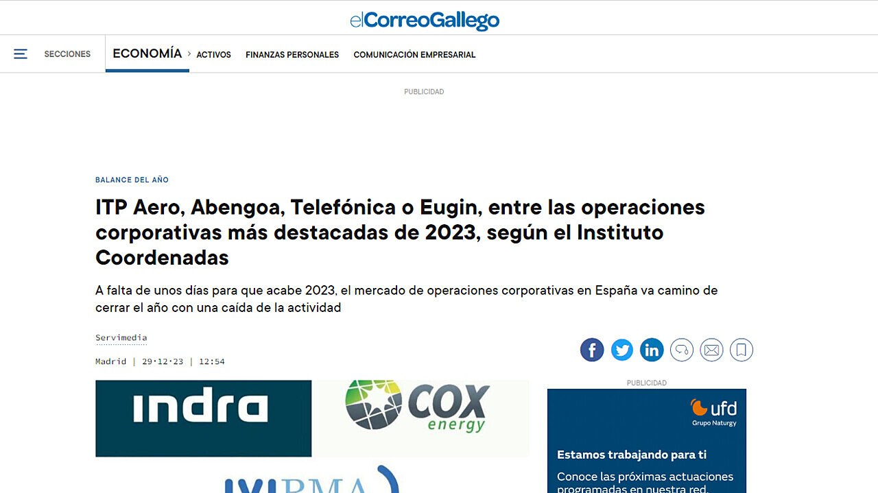ITP Aero, Abengoa, Telefnica o Eugin, entre las operaciones corporativas ms destacadas de 2023, segn el Instituto Coordenadas
